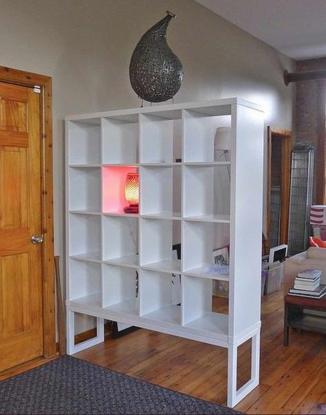 IKEA KALLAX turns into high impact room divider | IKEA Hackers | Bloglovin’ Ikea Small Apartment, Studio Apartment Room Divider, Ikea Room Divider, Kids Room Divider, Interior Ikea, Room Divider Headboard, Kallax Shelving, Room Divider Ideas, Closet Ikea