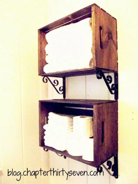 Next time you're at Michaels, grab a few storage crates and copy this woman's simple and clever idea! | Hometalk Crate Shelves Bathroom, Wine Crate Shelf, Crate Ottoman, Wooden Crate Shelves, Bathroom Shelves For Towels, Bathroom Shelves Over Toilet, Crate Furniture Diy, Crate Table, Bathroom Shelving