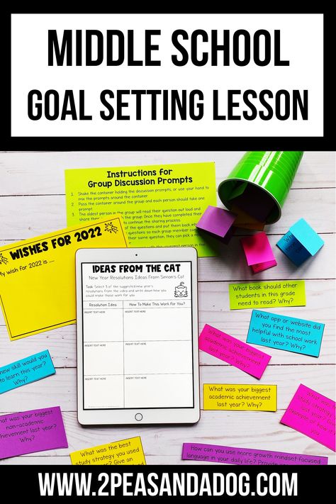 Image of a New Year's goal setting lesson Goal Setting Lessons For Middle School, Middle School Goal Setting, Goal Setting For Middle School Students, Goal Setting High School, Middle School History Activities, Social Studies Activities Middle School, Middle School Writing Activities, Middle School Reading Activities, Middle School Geography