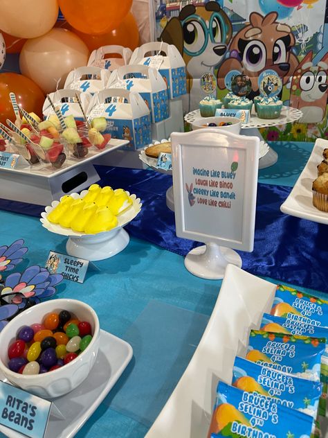 Bluey Theme Candy Table, Bluey Party Desserts, Bluey Birthday Dessert Table, Bluey Dessert Table Setup, Bluey Birthday Party Table Decor, Bluey Candy Table, Bluey Dessert Table, Bluey Dessert Table Ideas, April 4 Birthday