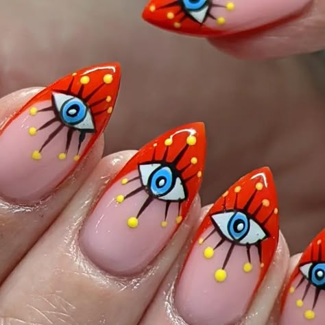 nail art gel and xgel xtensions (abbi) on Instagram: "Eyes for you for the beautiful anna   Using @dali.artistic Xpress grow in champagne blush @homeofnailart detailed paints   Design created by @snatchedbylulubelles   #eyesonnails #frenchmanicure #frenchnails #handpaintednailart #characternails #nailspenarth #handpaintednailart #cutenails #frenchnails #alternativenails #pointynails" Hindu Nails Design, Eyes Nails Design, Eye Heart Nails, Nails With Eyes, 70s Nail Art, Eye Nail Art Design, Hippie Nail Designs, Artistic Nails Design, Blue And Red Nails