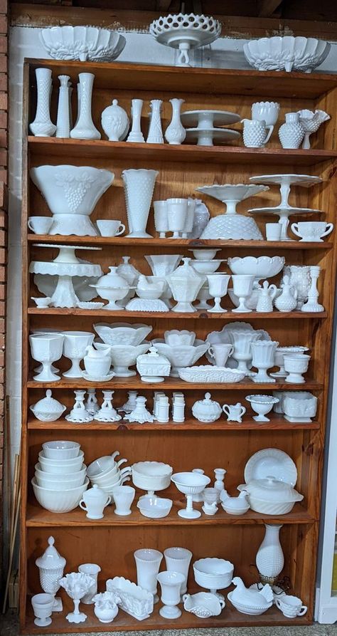 Milk Glass Addicts | This is most of my milk glass collection | Facebook Milk Glass Display Ideas, Decorating With Milk Glass Ideas, Milk Glass Display, Milk Glass Centerpiece, Dishes Ideas, House Victorian, Milk Glass Decor, Thrifted Decor, Milk Glass Collection