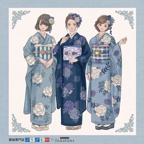 Japan Kimono Drawing, Blue Kimono Drawing, Japanese Clothing Drawing, Kimono Outfit Drawing, Yukata Drawing, Kimono Reference, Kimono Drawing, Yukata Women, Kimono Art