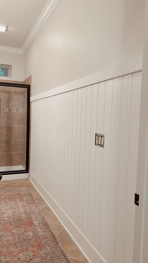 Basement Bathroom Paneling - A Thoughtful Place Waines Coating Bathroom, Wainscoting Bathroom With Hooks, Shiplap Paneling Sheets Bathroom, Wall Of Hooks, Wayne’s Coating Backsplash, Shiplap Paneling Sheets, Diy Half Wall Paneling Small Bathrooms, Bathroom Wall Paneling Lowe's, Basement Paneling