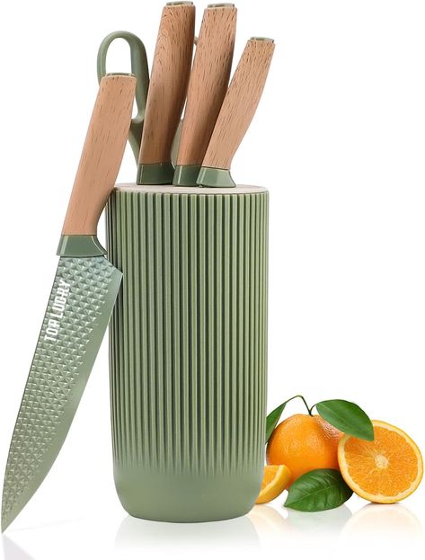 Chef Knife Set with Block, 6-Piece Kitchen Knives Set with Sharp Blades, Professional Knife Set with Ergonomic Handle, Non-stick Stainless Steel Knife Block Set (Green) Stainless Steel Knife Set, Kitchen Knife Set, Chef Knife Set, Kitchen Cutlery, Knife Block Set, Specialty Knives, Japanese Knife, Knife Set Kitchen, Professional Kitchen