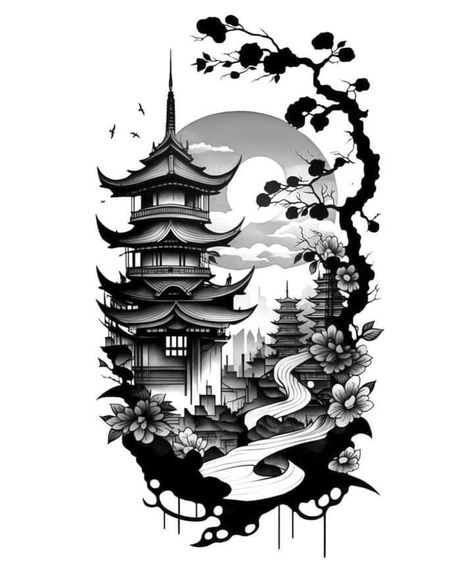 Samurai House Tattoo, Dragon And Temple Tattoo, Japanese Temple Tattoo Stencil, Japanese House Tattoo, Japanese Landscape Tattoo, Japanese Temple Tattoo Design, Japanese Tree Tattoo, Japanese Temple Tattoo, Japanese Warrior Tattoo