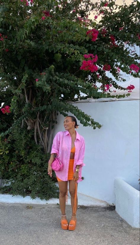 Pink Orange Dress Outfit, Bright Summer Outfits Aesthetic, Color Blocking Outfits Summer, Bright Color Outfits Summer, Block Colour Outfit, Colour Blocking Outfit, Outfit Rosa, Colorful Summer Outfits, Bright Colored Outfits