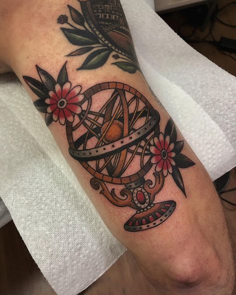 Matt Houston on Instagram: “Armillary sphere added on to Mylo’s evolving arm.” Armillary Sphere Tattoo, Sphere Tattoo, Plate Tattoo, Tattoo Culture, Armillary Sphere, Dreamcatcher Tattoo, Flower Tattoo, Spinning, Tattoo Ideas