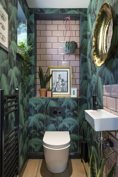 Welcome to the jungle. 🤘 Photo via @real_homes. #bathroomdecor #bathroomdesign #diybathroomwalldecor Understairs Toilet, Small Bathroom Styles, Wc Ideas, Small Downstairs Toilet, Cloakroom Toilet, Toilet Ideas, Tropical Interiors, Downstairs Cloakroom, Zebra Wallpaper