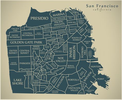 Map of San Francisco by Neighborhood and What to See by Neighborhood - California Travel Central Pacific Railroad, San Francisco Map, San Francisco Neighborhoods, Barbary Coast, Forest Sunset, Pacific Heights, Mission Bay, Washington Square Park, Bohemian House