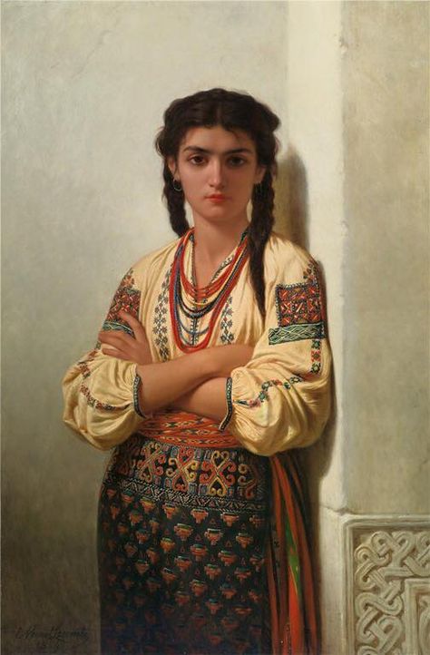 Emile Vernet-Lecomte, "The Oriental Beauty"  1869  (Traditional Romanian Costume) Romanian Clothing, Romanian Women, Harem Girl, Berber Women, Folk Costume, Woman Painting, Traditional Dresses, Traditional Outfits, Classic Art