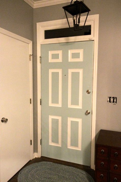 Front Door Makeover  - a mint Watery Blue Sherwin Williams painted door with white paneling design DIY tutorial - Charleston Crafted Panel Door Makeover, Paint Doors Interior, Blue Sherwin Williams, Paneling Design, 6 Panel Doors, Painted Interior Doors, Front Door Interior, Blue Front Door, Front Door Makeover