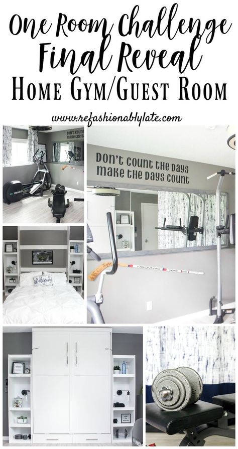 Home gym and guest room makeover reveal.  Great ideas to combine two rooms into one.  Also learn how to make a murphy bed! | refashionablylate.com #DIY #murphybed #homegym #guestroom #cricut #cricutquotedecal Home Gym Guest Room, Gym And Guest Room Combo, Gym Guest Room, Guest Room Combo, Home Office And Gym, Workout Room Ideas Home, Basement Guest Rooms, Bedroom Gym, Workout Room Home