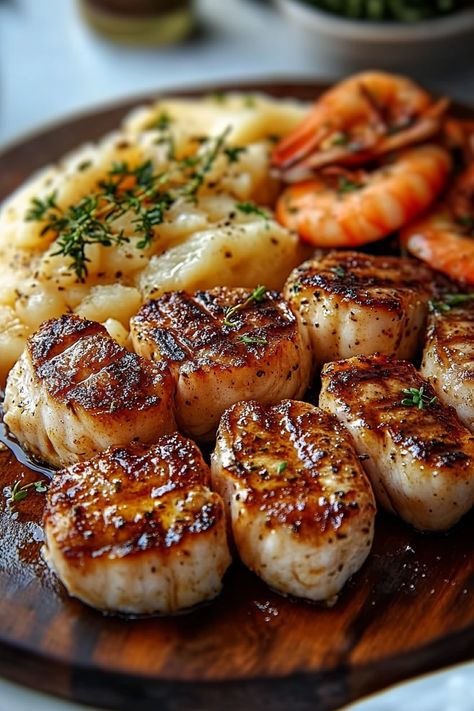 Surf And Turf Recipes, Surf N Turf Recipes, Healthy Eating For Women, Seafood Mac And Cheese, Grub Hub, Surf N Turf, Bariatric Food, Steak And Shrimp, Carnivore Recipes