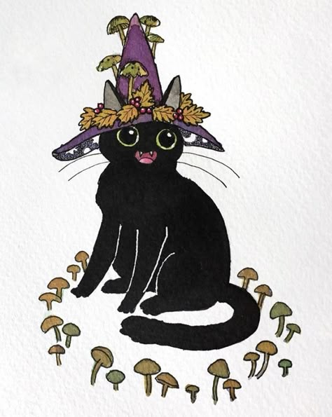 @illustratorium.sara Witch Cat Illustration, Witchy Cat Art, Black Cat Cute Drawing, Witch Cat Drawing, Fairy Cat Drawing, Witchy Cat Tattoo, Halloween Cat Drawing, Witch Cat Art, Cute Spooky Art