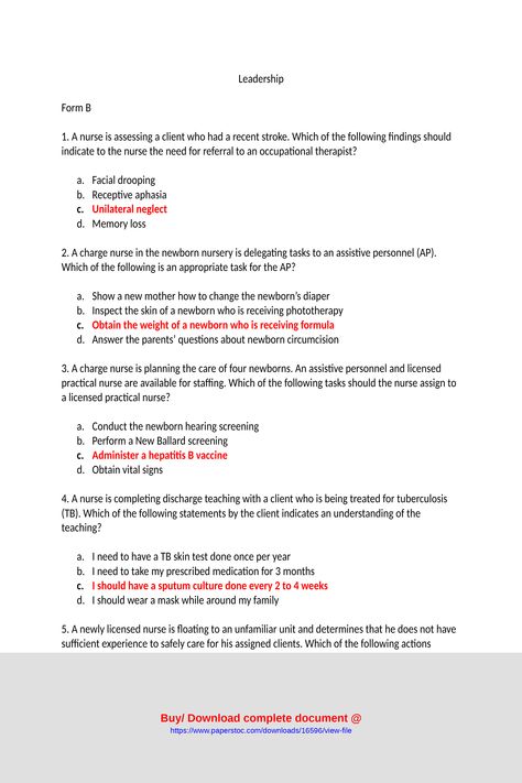 LeadershipForm B1 A nurse is assessing a client who had a recent stroke Which of the following findings should indicate to the nurse the need for referral to an occupational therapista Facial droopingb Receptive aphasiac Unilateral neglectd Memory loss2 A charge nurse in the newborn nursery is delegating tasks to an assistive personnel AP Which of the following is an appropriate task for the APa Show a new mother how to change ... Nursing Pathophysiology, Nursing Leadership, Charge Nurse, Nurses Station, Licensed Practical Nurse, Practical Nursing, Newborn Nursery, Party Organization, Nursing Study