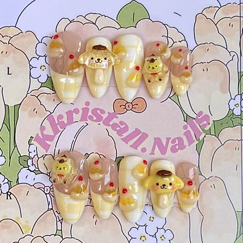 Pompompurin Sanrio Inspired Via @kkristall.nails on Instagram Sanrio Nails Pompompurin, Pompompurin Nails Design, Pompompurin Nail Art, Pom Pom Purin Nails, Badtz Maru Nails, Pompompurin Nails, Sanrio Nail Art, Kawaii Nail Art, Money Wallpaper Iphone