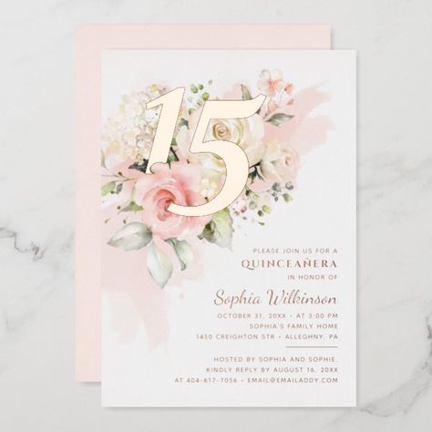 Greenery Quinceanera, Quince Invitations Template, Quinceanera Invitations Ideas, Sweet 15 Invitations, Rose Gold Foil Invitations, Rose Gold Quinceanera, 15th Birthday Party Ideas, Birthday Rose Gold, Sweet Sixteen Birthday Invitations