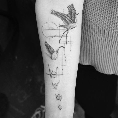 trust the process Paper crane tattoo, origami Paper Crane Tattoo, Maus Illustration, Alchemy Tattoo, Origami Tattoo, Crane Tattoo, Triangle Tattoos, Muster Tattoos, Tattoo Paper, Original Tattoos