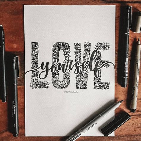 You owe yourself the love that you freely give to other people. #loveyourself #typography #btscalligraphy #btslettering #btstypography Aesthetic Calligraphy Quotes, Bts Calligraphy, Bts Doodle, Aesthetic Calligraphy, Bts Diy, Calligraphy Doodles, Bts Journal, Hand Lettering Inspiration, Bts Lyrics