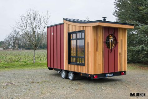 Japanese Style Tiny House, Relaxing Patio, Tiny House Company, Wood Cladding, Aluminum Roof, Unique Layout, Spacious Kitchens, Japanese Architecture, Tiny House On Wheels