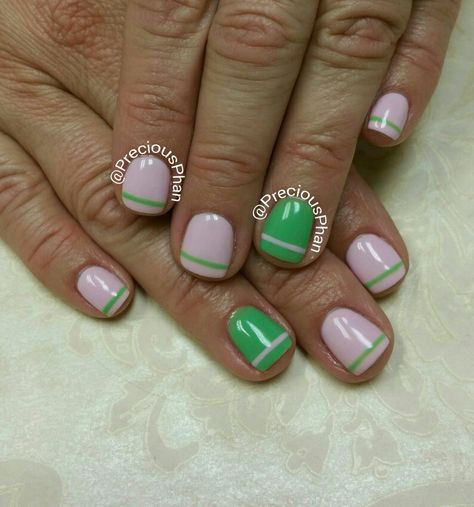 Aka Sorority Nails, Pink And Green Nails Aka, Fun March Nails, Pink And Green St Patricks Day Nails, Pink St Patricks Day Nails, Alpha Kappa Alpha Nails, Aka Nail Designs, Light Pink And Green Nails, Simple March Nails