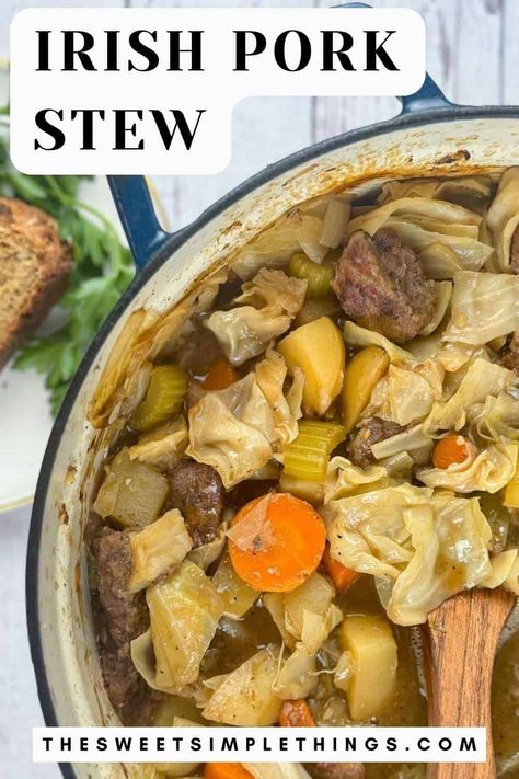 This hearty Irish pork stew recipe is full of quality protein and seasonal veggies. Perfect for winter comfort foods or St. Patrick's day dinner ideas. This Irish stew recipe uses pork, cabbage, potatoes among other delicious Irish flavors like Guinness and caraway seeds. Cooked in a dutch oven for perfection. Pork Stew Meat, Pork Cabbage, Irish Stew Recipe, Cabbage Potatoes, Pork Stew Recipes, Healthy Pork Recipes, Seasonal Veggies, Healthy Winter Meals, Pork Recipes For Dinner