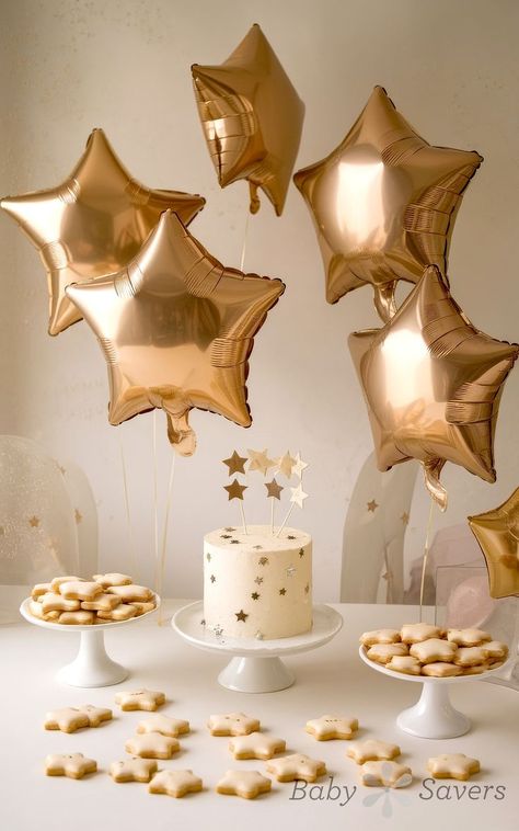 A twinkle twinkle little star themed birthday scene, perfect for baby shower ideas, features a white cake adorned with star decorations. Surrounded by golden star-shaped balloons and cookies on pedestals, the elegant setup crafts a festive atmosphere ideal for celebrating special moments. Baby Shower Ideas Neutral, Little Star Baby Shower Ideas, Baby Shower Ideas Themes, Enchanted Forest Baby Shower, Unique Baby Shower Ideas, Gender Neutral Baby Shower Ideas, Dreamy Effect, Star Baby Shower Theme, Neutral Baby Shower Ideas