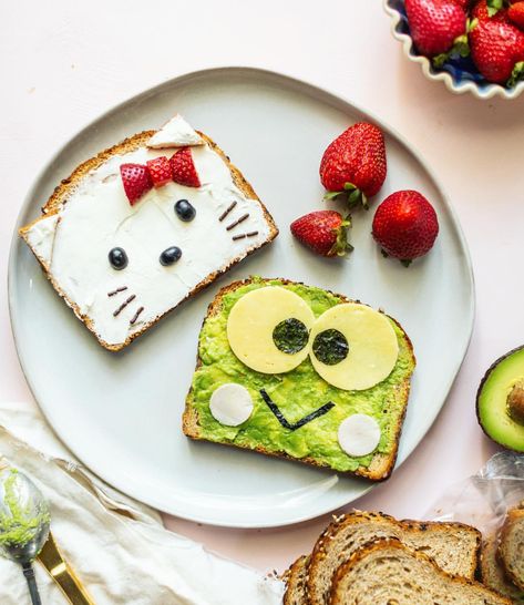 Well this is the kid friendly version of the avocado toast and I hope she likes it! Are you Team Hello Kitty or Team Keroppi? . . . . . #sanrio #kidslunch #hellokitty #losangeles #momlife #kidsmeal #sandwich #avocadotoast #keroppi #sandwiches #lunchtime Keroppi Dessert, Keroppi Stuff, Sanrio Party, Toast Art, Kids Food Crafts, Cute Bakery, Sanrio Keroppi, Bread Art, Cute Snacks