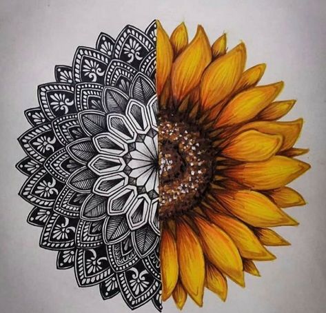 Realistic Cat Drawing, Sunflower Mandala Tattoo, Sunflower Art Print, Sunflower Mandala, Line Art Flowers, Zentangle Mandala, Mandala Zentangle, Animation Art Sketches, Doodle Art Drawing