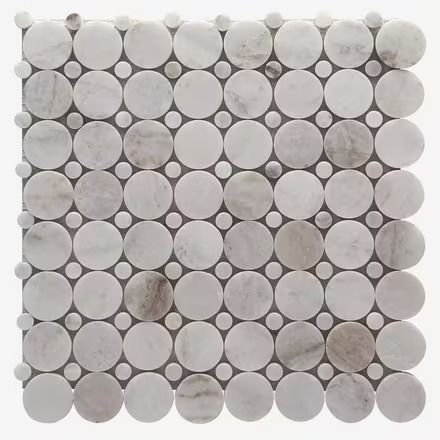 Bianco Orion Circle Polished Marble Mosaic Bianco Orion, Penny Tiles Bathroom, Kitchen Backsplash Tile, Bathroom Accent Wall, Hexagon Mosaic Tile, White Wall Tiles, Polished Porcelain Tiles, Kitchen Backsplash Designs, Mosaic Wall Tiles