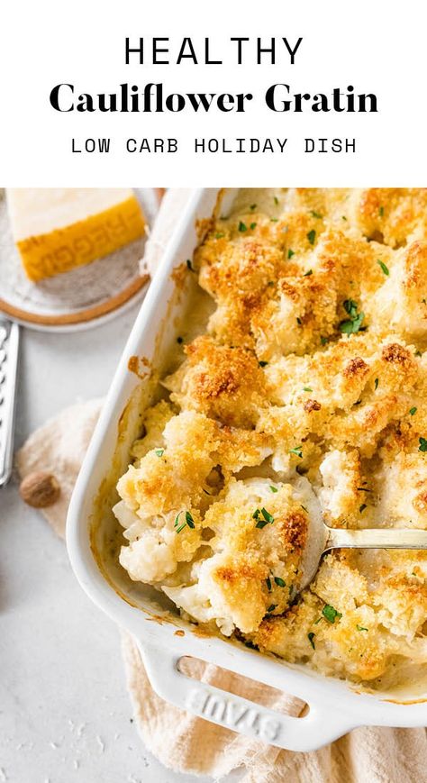 This cauliflower gratin features cauliflower florets baked to perfection in a creamy cheese sauce and topped with breadcrumbs. It's vegetarian, low-carb and the perfect addition to your holiday menu. Roasted Kabocha Squash, Creamy Cheese Sauce, Low Carb Holiday, Cauliflower Gratin, Potatoes Au Gratin, Savory Dishes, Holiday Side Dishes, Creamy Cheese, Cauliflower Recipes