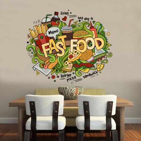 Wall Painting Ideas For Cafeteria, Fast Food Wall Design, Cafe Wall Art Murals, Wall Graphics Restaurant, Food Graffiti, Food Mural, Fast Food Illustration, Log Wallpaper, Dhruva Movie