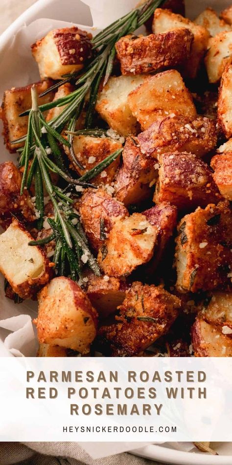 These Parmesan Roasted Red Potatoes with Rosemary are perfectly golden brown and crispy. They are roasted with parmesan and fresh rosemary which is a perfect flavor combination.