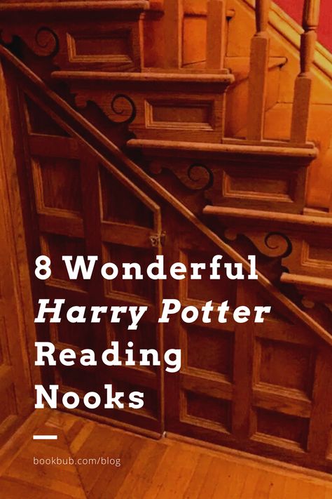 Bring a slice of Harry Potter into your home with inspiration from these magical reading nooks.  #books #readingnook #harrypotter Harry Potter Under Stairs Room, Harry Potter Nook Under The Stairs, Reading Nook Harry Potter, Harry Potter Under The Stairs Room Ideas, Secret Harry Potter Room, Harry Potter Reading Nook Under Stairs, Harry Potter Cupboard Under The Stairs, Reading Nook Decor Ideas, Magical Reading Nook