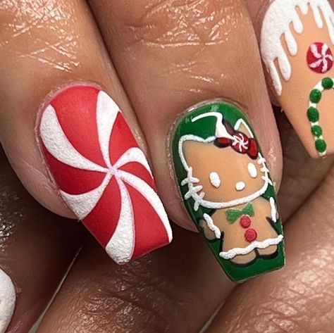 Heather Buzzell on Instagram: "🌲 GINGERBREAD KITTY 🎄 . Products Used: •Desert Dweller (tan) •Bad Romance (red) •Whiteout •Velvet Forrest (green) •Luxa Base •Velveteen Matte •Luxa Gloss ✨Use discount code: handittoheather when shopping with @luxapolish to save some 💰 . . #nails #nailsnailsnails #nailsofinstagram #nailstagram #nailsonfleek #nailart #nailartist #nailpro #nailpolish #gelpolish #gel #gelnails #luxapolish #luxaaf #3dnailart #christmasnails #december #hellokitty #gingerbread #rednails #candy #nailtech #nailinspo #naildesign #nailsoftheday #instanails #art #manicure #love" Gingerbread House Nails, Christmas Present Nails, Food Nails, Christmas Manicure, Punk Nails, Christmas Gel Nails, Simple Acrylic Nails, Seasonal Nails, Sparkle Nails