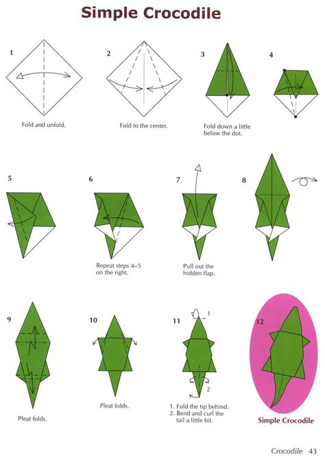 Simple Crocodile: Dover Pub. Weekly Sample Origami Jungle Animals, Origami Mobile, Origami Wedding, Origami Decoration, Origami Envelope, Origami Fish, Origami Patterns, Paper Craft Ideas, Instruções Origami