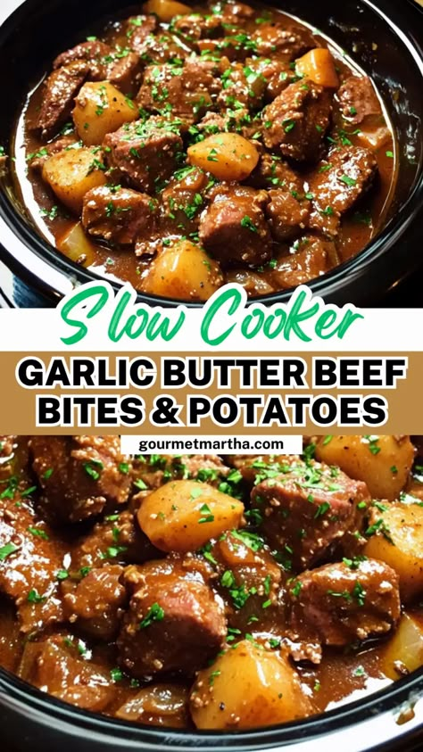 This slow cooker garlic butter beef bites & potatoes dish is bursting with rich, savory flavors. Juicy, tender beef paired with buttery, garlicky potatoes makes it the perfect one-pot meal for any day of the week. Easy to prepare and impossible to resist! Don’t miss out on this delicious recipe #slowcookerrecipes #garlicbutter #beefrecipes #potatorecipes #onepotmeals #comfortfood #easymeals #weeknightdinner Steak Bites In The Crockpot, Garlic Potatoes And Steak Bites Crockpot, Steak Bites Potatoes Crockpot, Slow Cooker Garlic Butter Beef Bites With Potatoes, Slow Cooker Garlic Butter Beef Bites And Potatoes, Buttery Steak And Potatoes Crock Pot, Slow Cooker Garlic Butter Beef Bites, Slow Cooker Garlic Butter Steak Bites And Potatoes, Crock Pot Garlic Steak Bites And Potatoes