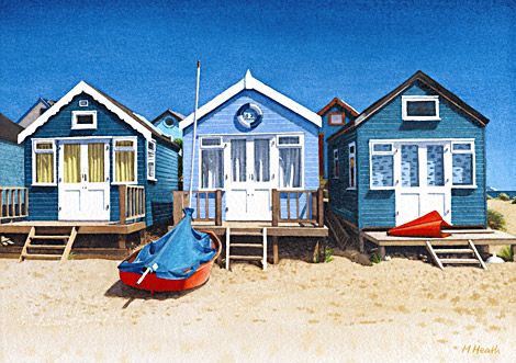 A painting of blue beach huts at Mudeford sandspit, Dorset by Margaret Heath. Beach Huts Uk, Shabby Chic Veranda, Modern Beach Cottage, Beach Cottage Design, Beach Chic Decor, Shabby Chic Porch, Beach House Interior Design, Beach Haven, Beach House Kitchens