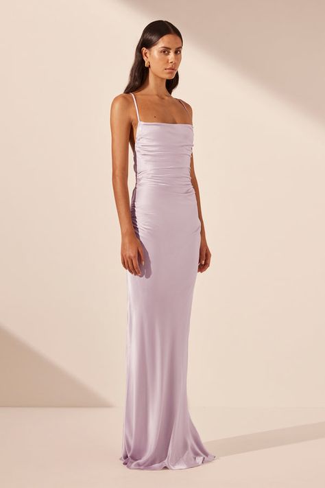 Lace back maxi dress in lilac in a LENZING™ ECOVERO™ with luxurious satin finish. Contributing to a cleaner environment, LENZING™ ECOVERO™ viscose fibres omit 50% less greenhouse gas emissions and utilise less water than conventional viscose. Lilac Maxi Dress, Lilac Dresses, Lilac Gown, Peach Peonies, Dress Lilac, Rose Peach, Clean Environment, Silk Touch, Slim Fit Top