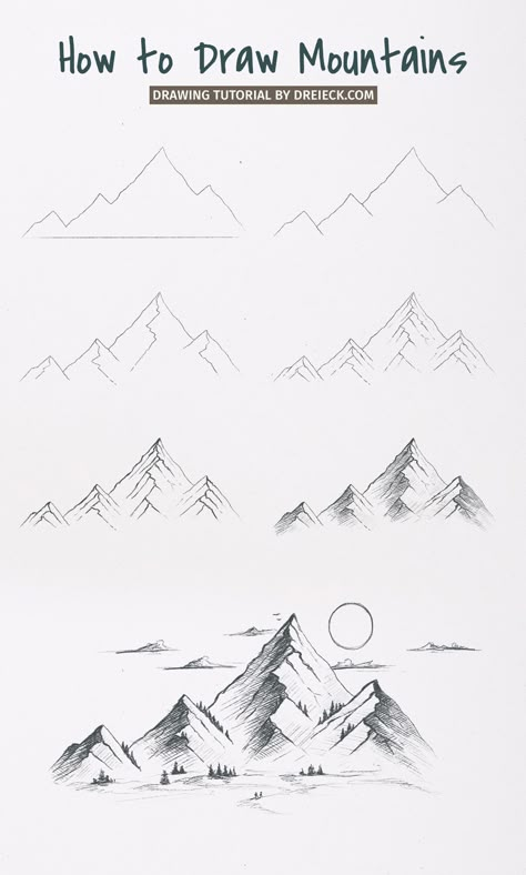 How to draw mountains (easy step by step tutorial) ⛰️ Landscape Drawings For Beginners, How To Draw Realistic Mountains, Nature Easy Sketch, Mountain Drawings Easy, Drawing Ideas Easy Mountains, How To Draw Sketches Step By Step Pencil, Landscape Drawings Mountain, Landscape Tutorial Drawing, Mountain Drawing Step By Step