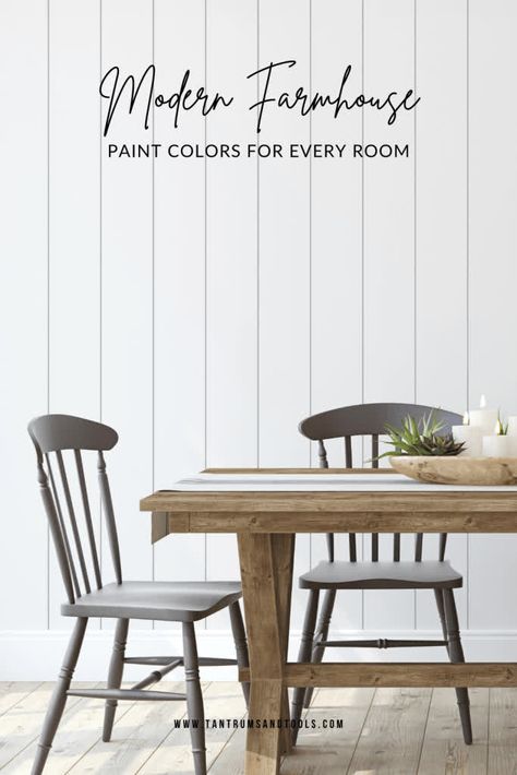 Farmhouse Paint Company, Farmhouse Paint Colors 2023, Modern Farmhouse Paint Colors 2024, Modern Farmhouse Interior Paint & Paint Tools, Behr Farmhouse Paint Colors 2022, Popular Dining Room Paint Colors 2020 Kitchen & Dining Tables, Modern Farmhouse Color Palette, Shiplap Feature Wall, Shiplap Farmhouse