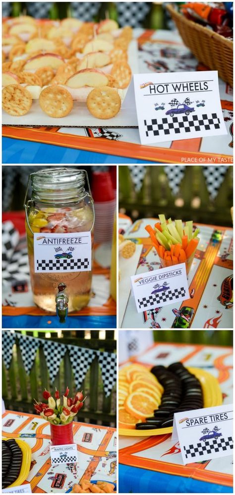 Motorcycle Snacks Birthday Parties, Racing Party Snacks, Hotwheels Birthday Food Ideas, Monster Truck Theme Party Food, Race Track Party Food, Hot Wheels Party Games Activities, Hot Wheels Birthday Dessert Table, Race Theme Food Ideas, Vehicle Party Food