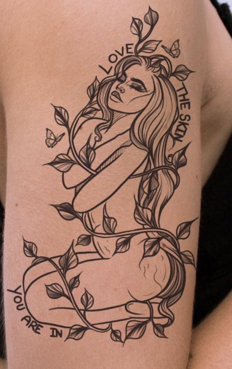 Virgo Tattoo Ideas Unique, Leg Tattoos Women Animals, Women Virgo Tattoo, Peaceful Woman Tattoo, Fairy Mom Tattoo, Masking Tattoo Ideas, Self Love Fairy Tattoo, Spiritual Arm Sleeve Tattoos For Women, Plus Size Goddess Tattoo