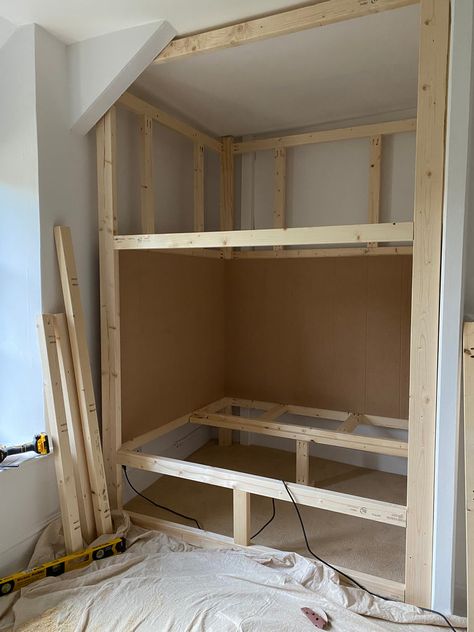 Boxed In Bed Ideas, Built In Wall Bunk Beds, How To Build Built In Bunk Beds, Cubby Beds Built Ins, Kids Cabin Bed, Loft Play Area Over Bed, How To Build A Bunk Bed, Built In Bunk Beds With Storage, Built In Kids Bed