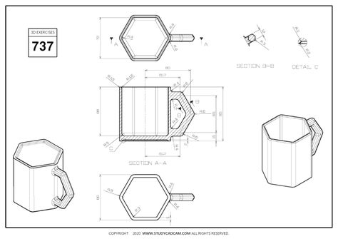 3D CAD EXERCISES 737 - STUDYCADCAM 3d Cad Exercises, Takeout Packaging, Sketchup Layout, Orthographic Drawing, Interior Design Sketchbook, 3d Geometry, Autocad Tutorial, Mechanical Engineering Design, Isometric Drawing