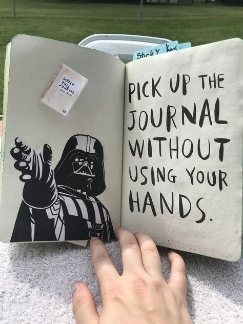 Wreck this journal, pick up journal without hands page Wreak This Journal Pages Inspiration, Wreck This Journal Ideas Pages Creative, Wreck This Journal Ideas Inspiration, Wreck This Journal Ideas Pages, Wreak This Journal Pages, Wreck This Journal Ideas, Diy Wreck This Journal, Wreck This Journal Warning Page, Throw Something Wreck This Journal