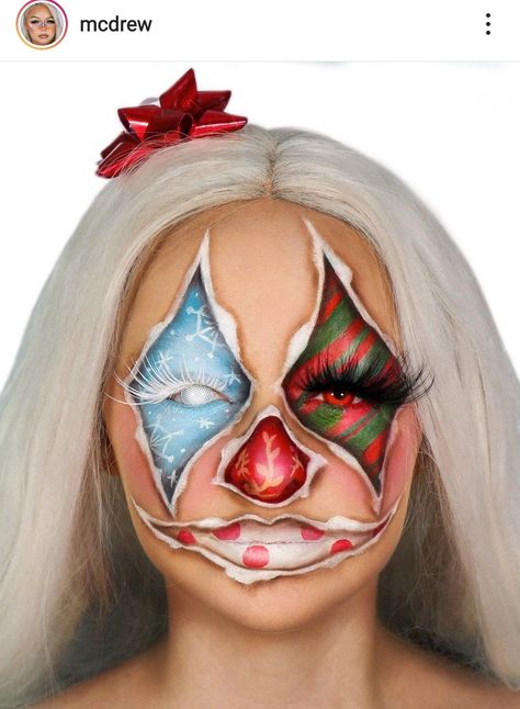 Christmas Fx Makeup Ideas, Christmas Fantasy Makeup, Horror Christmas Makeup, Christmas Characters Makeup, Christmas Makeup Looks Creative, Christmas Clown Makeup, Scary Christmas Makeup, Christmas Eyeliner Looks, Christmas Sfx Makeup