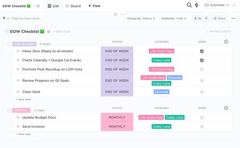 weekly review checklist inspiration using clickup. check out the blog post for 25 reasons to switch your planning to the clickup app. and get clickup templates with clickup for creatives Click Up App Templates, Click Up Templates, Clickup Dashboards, Weekly Review Checklist, Clickup Templates, Project Binder, Week Checklist, Romanticising Studying, Click Up