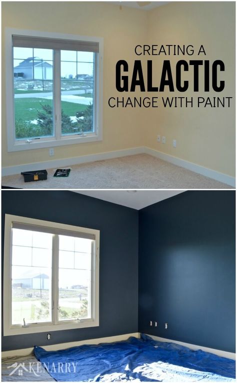 Creating an outer space boys bedroom starts with a huge galactic change in paint color. The walls were transformed from pale yellow with outerspace paint from Sherwin-Williams. Space Boys Bedroom, Boys Space Room, Boys Space Bedroom, Outer Space Room, Boys Room Colors, Outer Space Bedroom, Galaxy Bedroom, Galaxy Room, Boy Room Paint